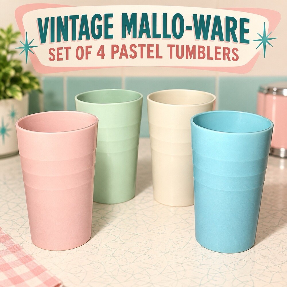 Vintage Mallo-Ware 27 Tumblers Set of 4 Pastel Melmac Cups 1950s